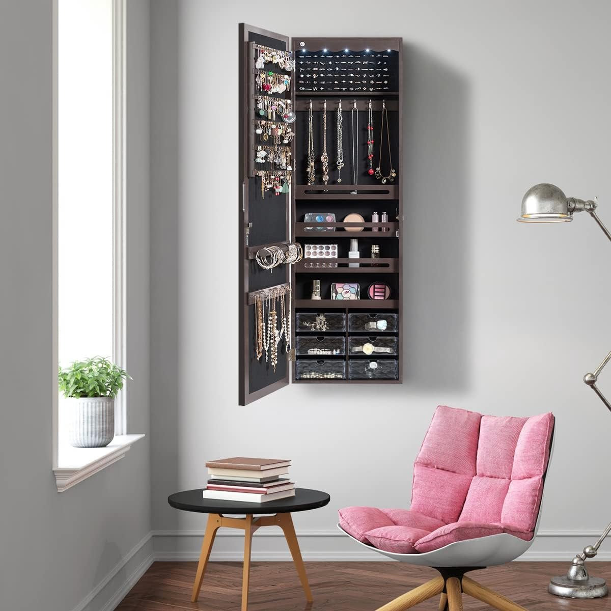 Jewelry Cabinet with 5 LED Lights, Lockable Wall/Door Mounted Jewelry Armoire with Large Mirror and 6 Acrylic Drawers, Large Capacity Jewelry Organizer for Girls, Women (Brown)