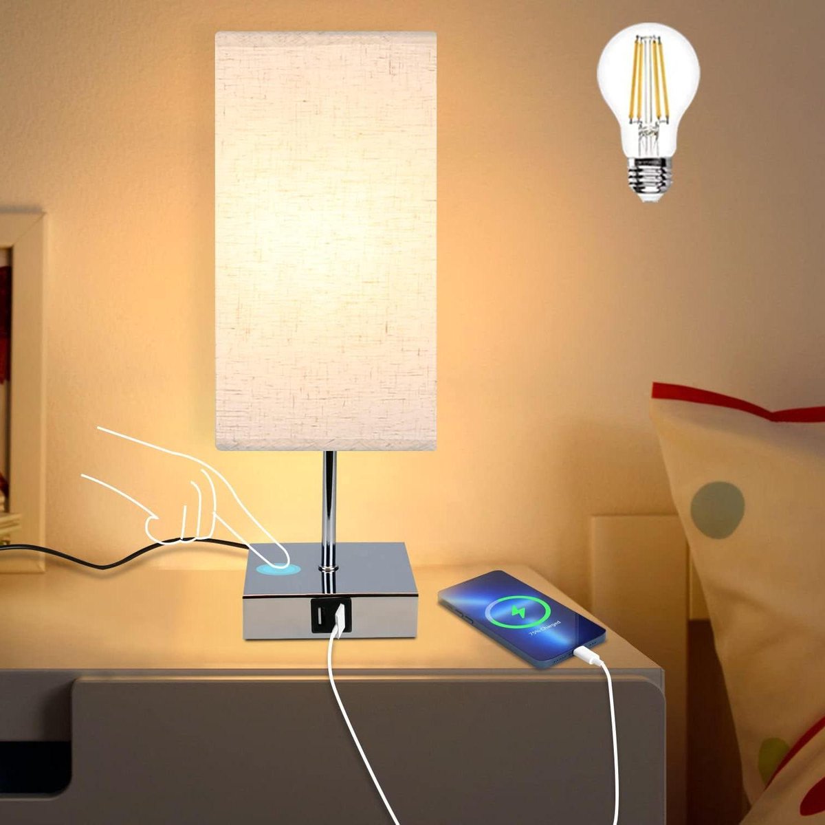 Dimbare Aanraakbare Tafellamp - Warm Wit E27 USB-Oplaadfunctie - Stoffen Lampenkap voor Slaapkamer en Nachtkastje