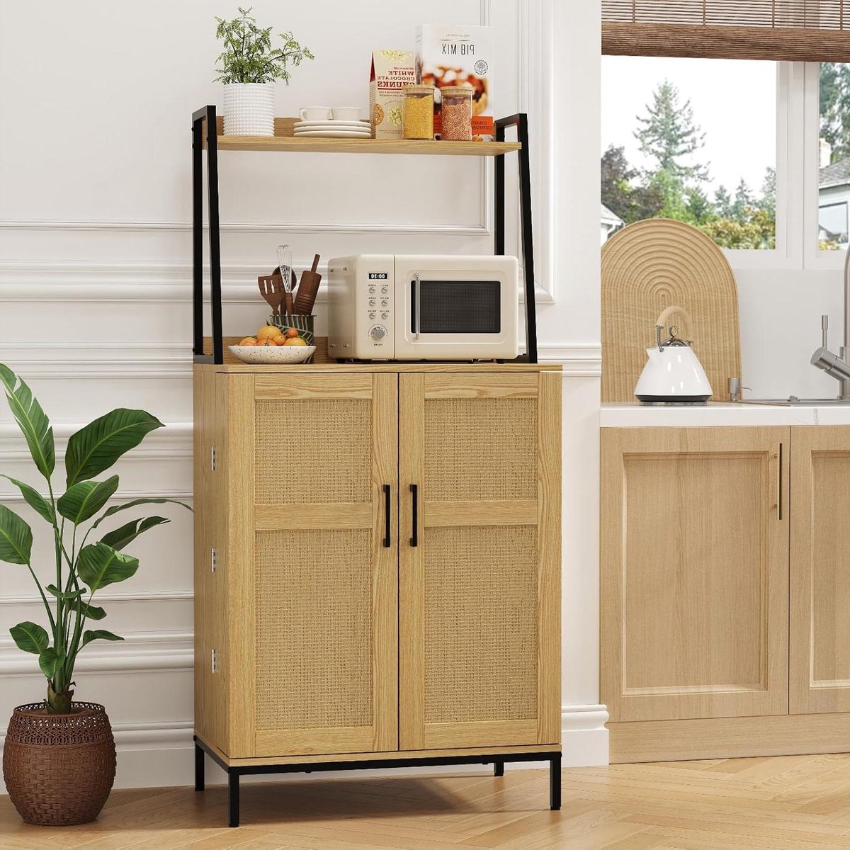 49.6" Kitchen Pantry Rattan Doors Adjustable Shelves Microwave Stand Coffee Bar Cabinet Natural microwave cabinet
