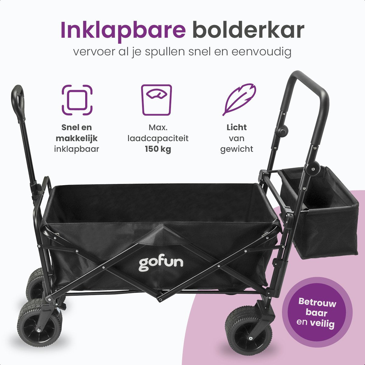 Gofun Opvouwbare bolderkar - 150 kg draagvermogen - 360° draaibare wielen - Bolderwagen met duwstang - 83 x 44 x 26 cm - Zwart
