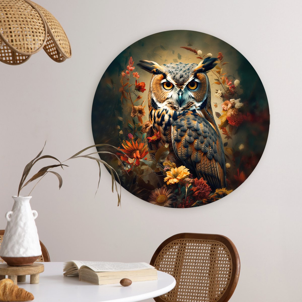 WallCircle® Muurcirkel 60x60 cm - Wandcirkel Uil - Vogel - Bloemen - Planten - Dieren - Botanisch - Muurdecoratie woonkamer - Wanddecoratie slaapkamer - Kamer decoratie accessoires - Ronde schilderijen - Woonaccessoires cirkel binnen
