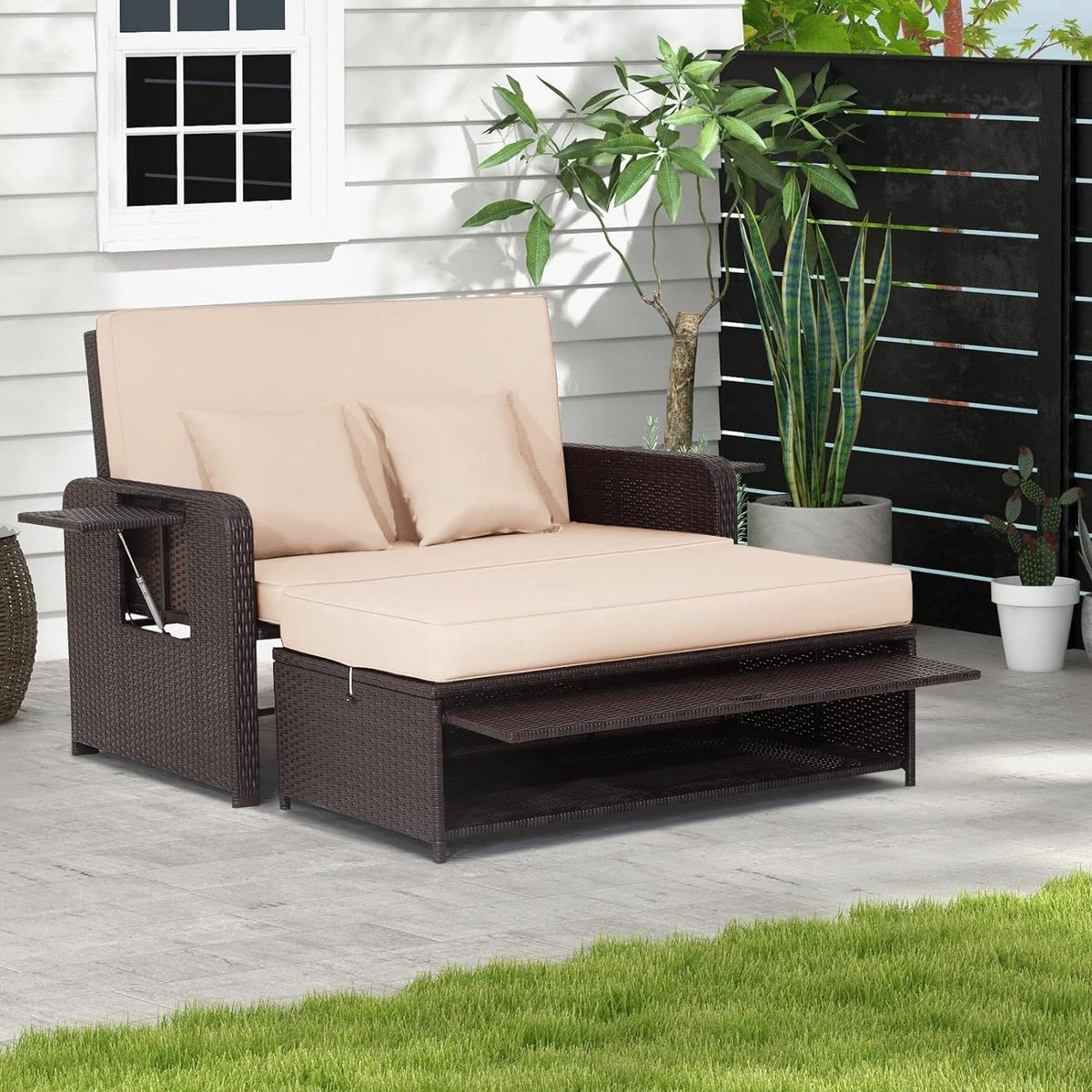 Rieten bankstel - 2-zits fauteuil met voetenbank en 2 bijzettafels, terrasbank, slaapfunctie, lounge tuinbank, verstelbaar voor buiten, balkon en tuin, 170 x 120 x 91 cm
