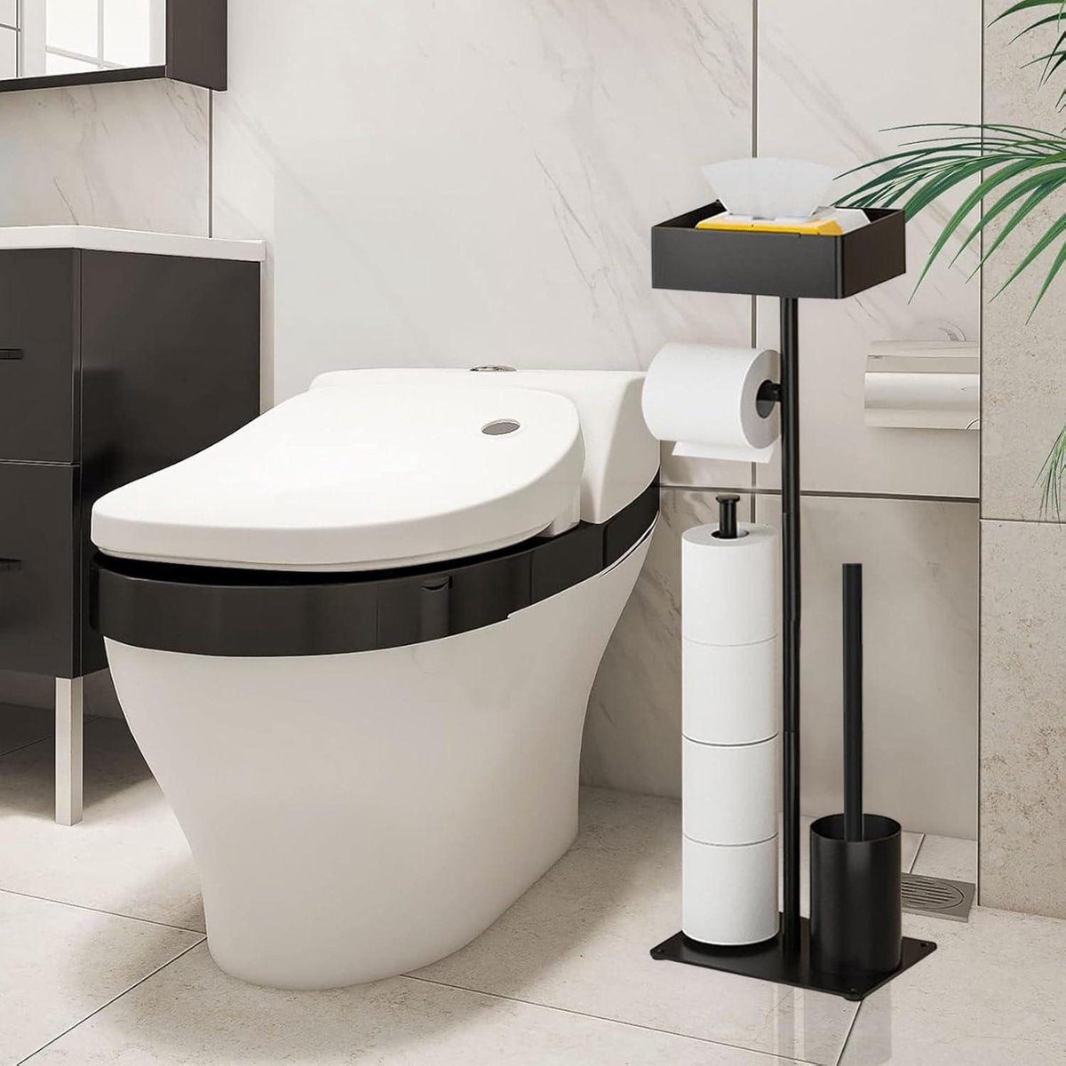Toilet Paper Holder with Toilet Brush - Black Stainless Steel - Wet Wipes Box - Standing Paper Holder for Kitchen and Bathroom Toilet Butler