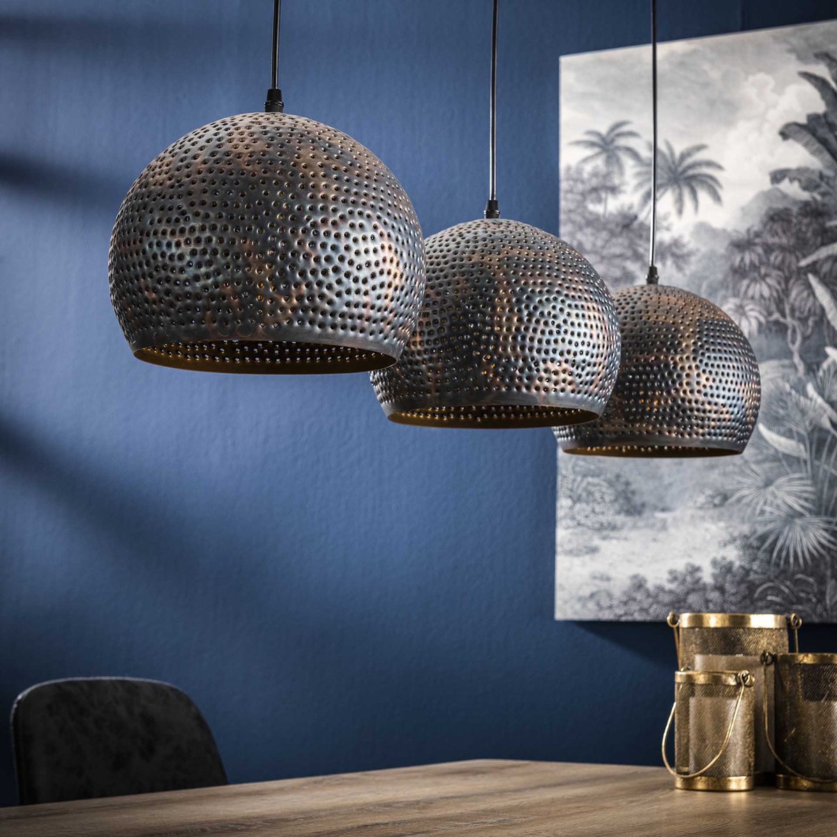 Hanglamp Punch Bol | 3 lichts | bruin / zwart | metaal | in hoogte verstelbaar tot 150 cm | Ø 25 cm | eetkamer / eettafellamp | modern / sfeervol design