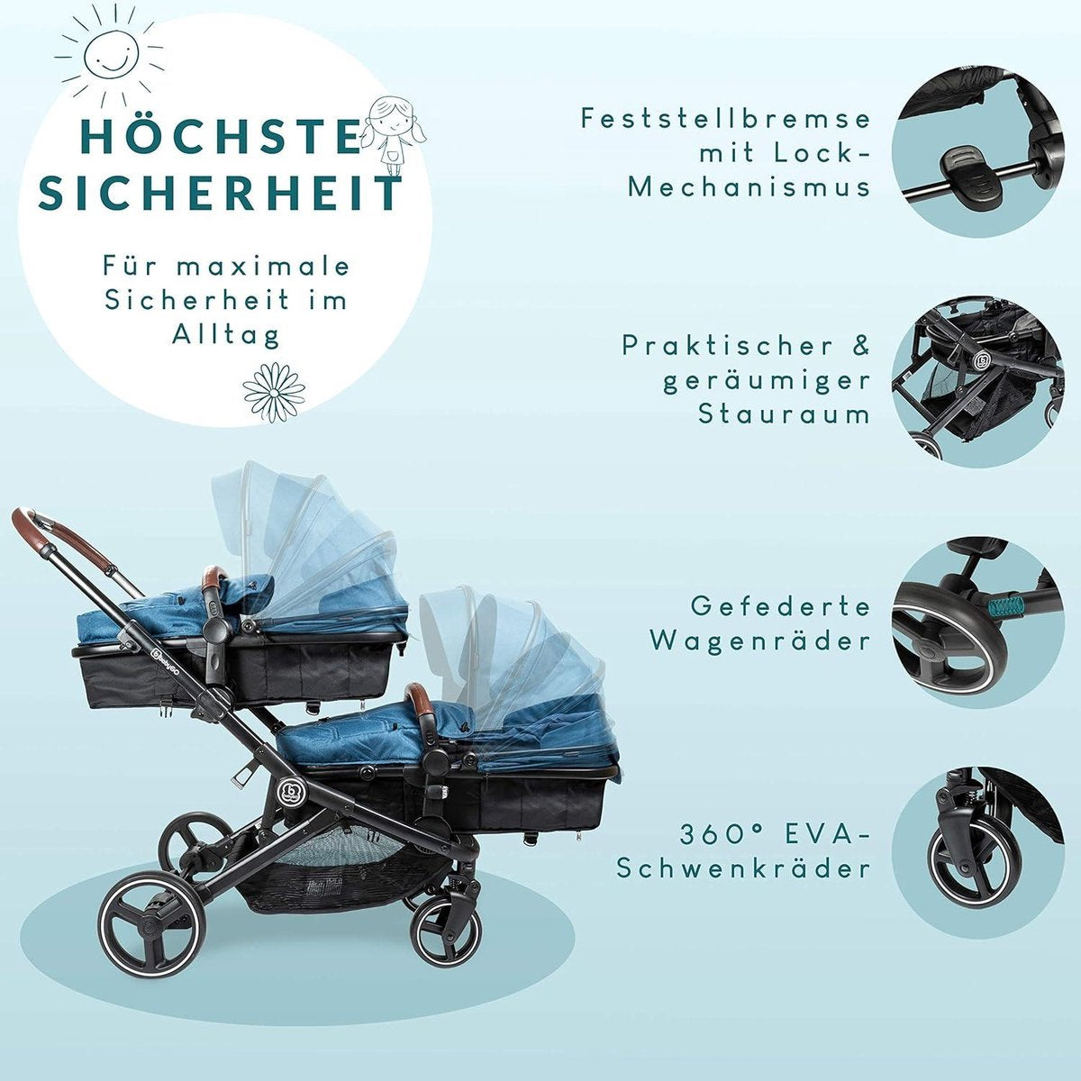 3-in-1 Kinderwagen voor tweelingen - Baby's en kinderwagen voor broers en zussen - Tweelingwagen voor 2 kinderen met accessoires - Blauw melange (exclusief babyzitje) Duokinderwagen