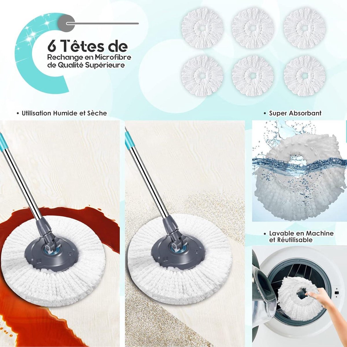 Mop Set - Detachable Two-Compartment Bucket - Foot Pedal Design - Stainless Steel Handle - 6 Mop Heads - Floor Cleaning