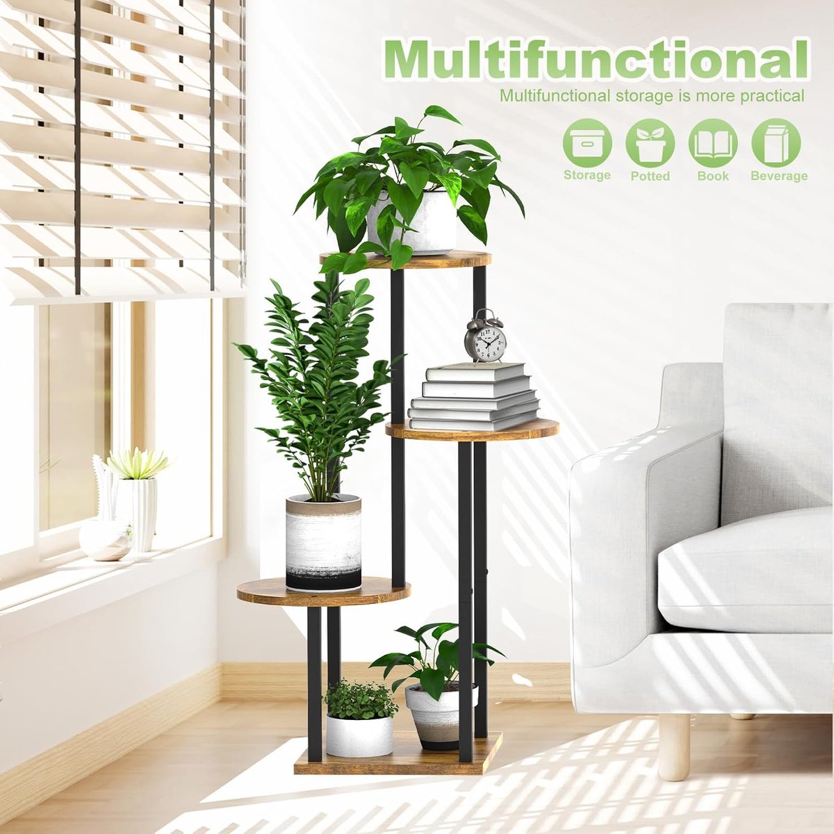 4-laags houten bloemenplank, metalen plantenplank, meerlaagse bloemenstandaard, plantenstandaard, bloemenbank, bloementrap, plantentrap, standaardplank voor binnen, buiten, tuin, balkondecoratie (rond zwart)