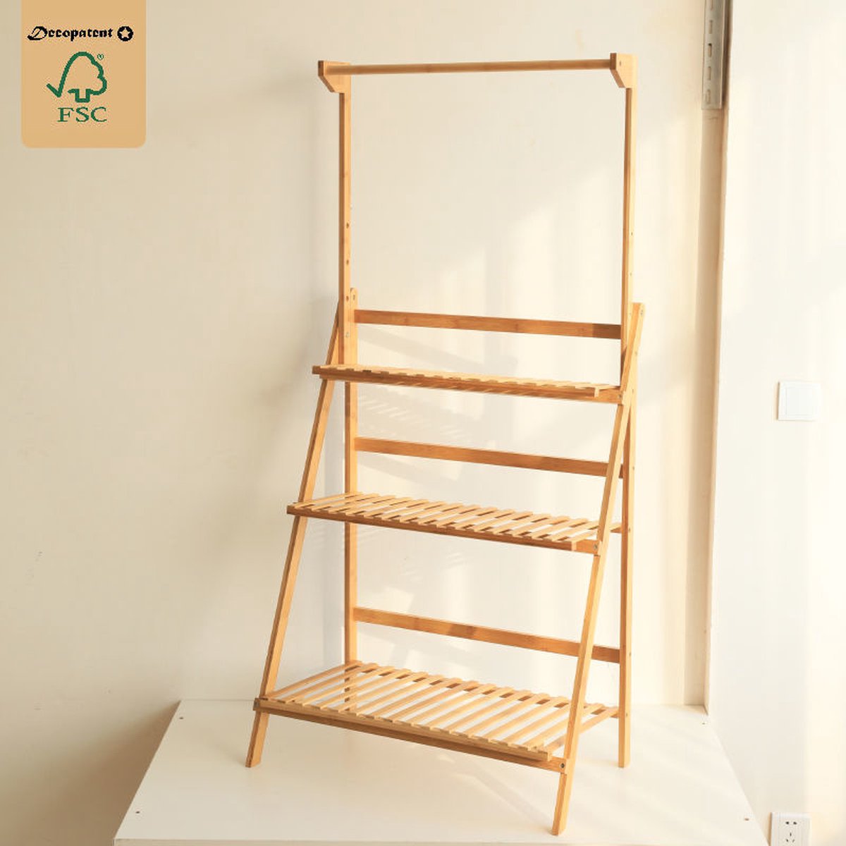 Decopatent® Plantenrek met 3 etages + Stang voor Hangplanten - Bamboehout staand binnen Plantentrap - Bloemenrek - Plantenetagere