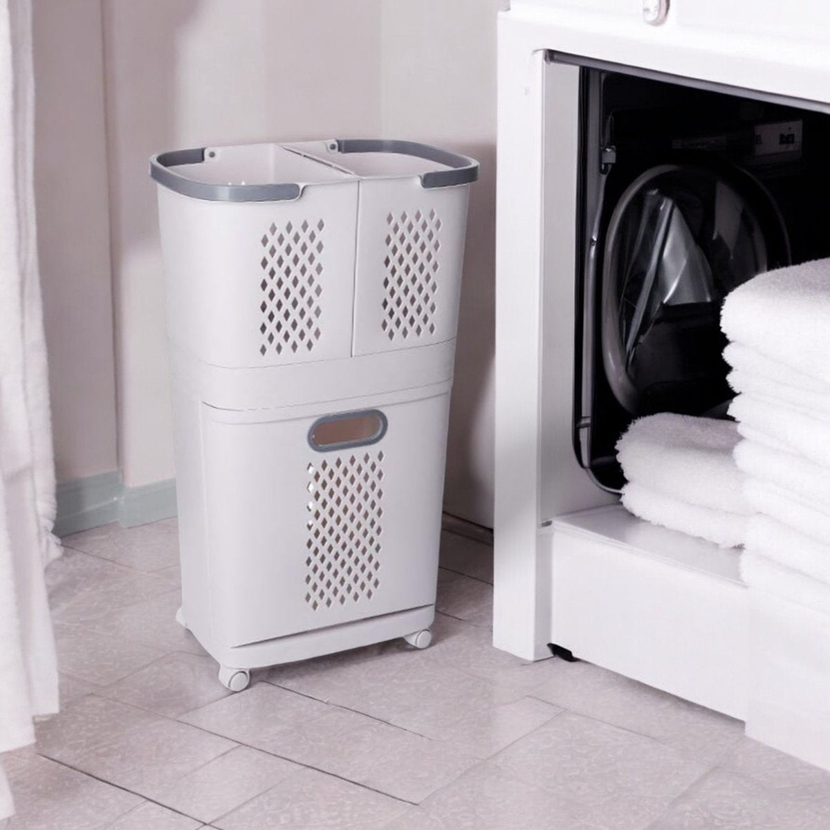 Laundry Basket 3 Compartments - White - Laundry Basket with Wheels - Laundry Sorter with Three Compartments - Plastic Laundry Basket