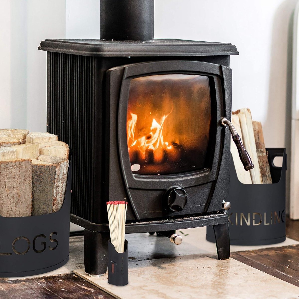 Firewood Storage - Wood Storage 3-piece log basket for firewood kindling - black metal - Ø 37/19 / 65 cm