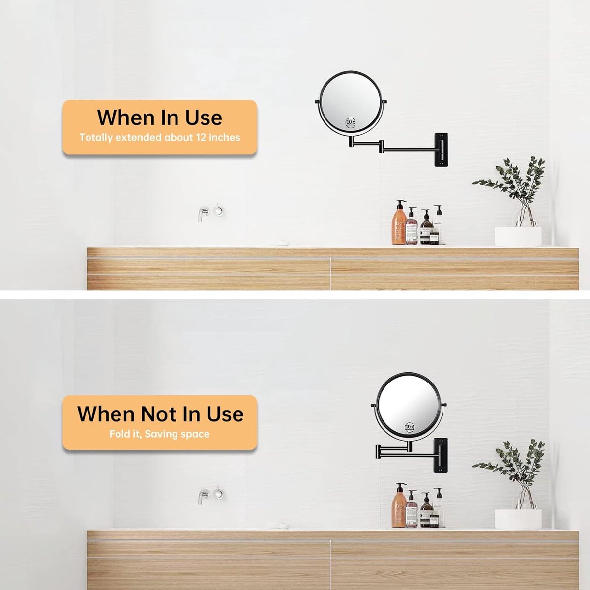 Make-upspiegel, 1 x / 10 x vergroting, diameter 20 cm, 360 graden dubbelzijdige uitschuifbare scheerspiegel, ronde arm, make-upspiegel voor badkamer, zwarte roestvrijstalen spiegel voor dames, meisjes