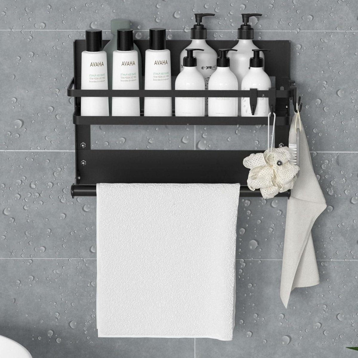 Spice rack - Hanging Kitchen Rack made of Stainless Steel - No Drilling - Black - 4 Hooks kitchen roll holder hanging