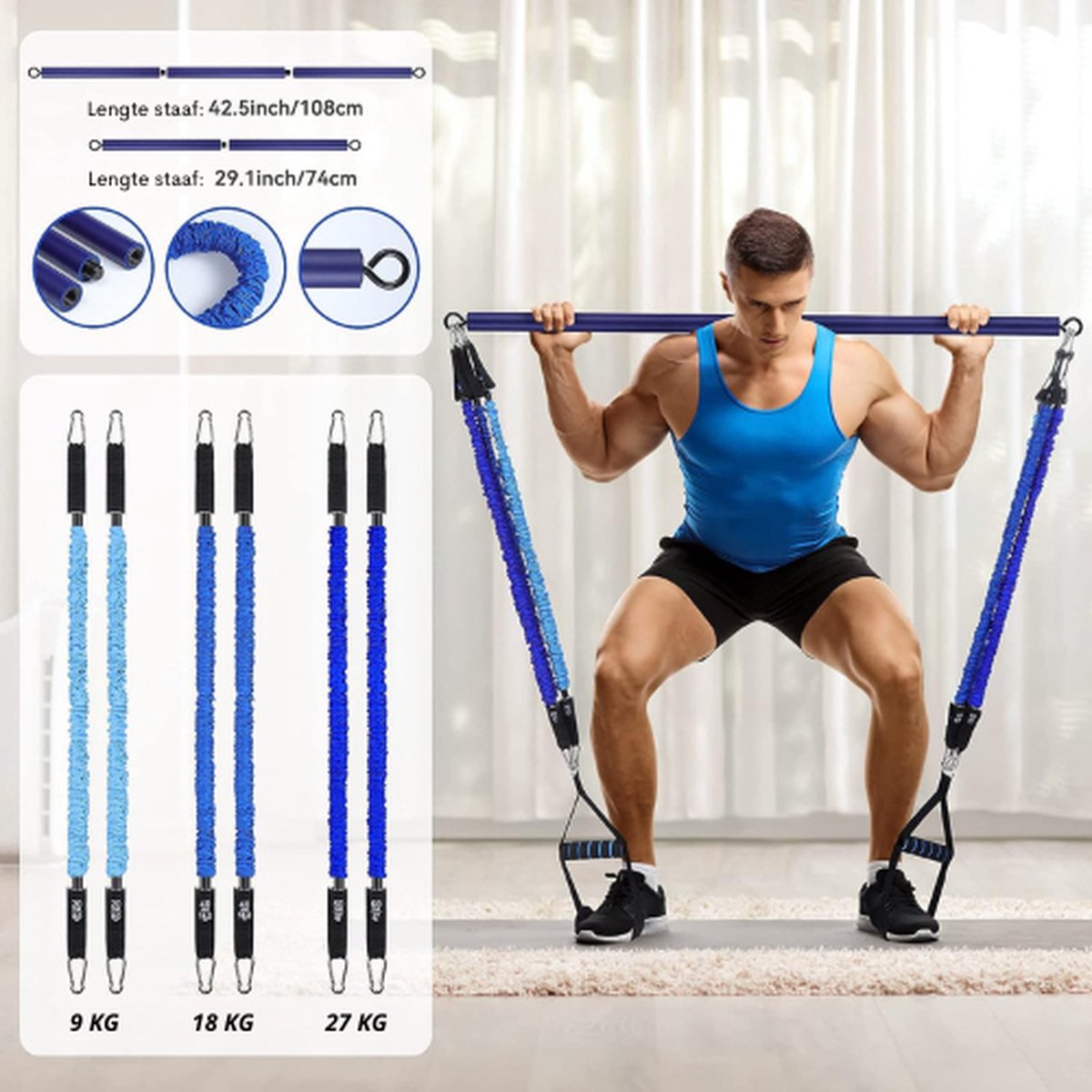 Weerstandsbanden - Resistance Band - Weerstandsstang - Weerstandsbanden Met Stang - Fitness - 3-delige stick - Thuistraining - Squats - Yoga - Biceps