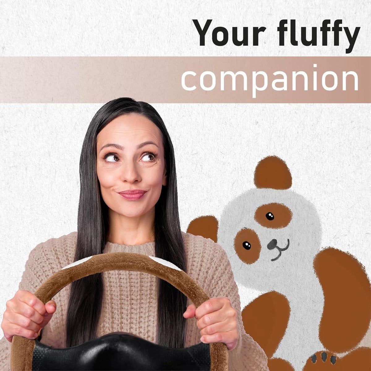 Steering Wheel Cover Plush Brown White - Teddy Interior Accessories for Women - Universal 37-39 cm / 145-15 Inch Steering Wheel Cover Leopard
