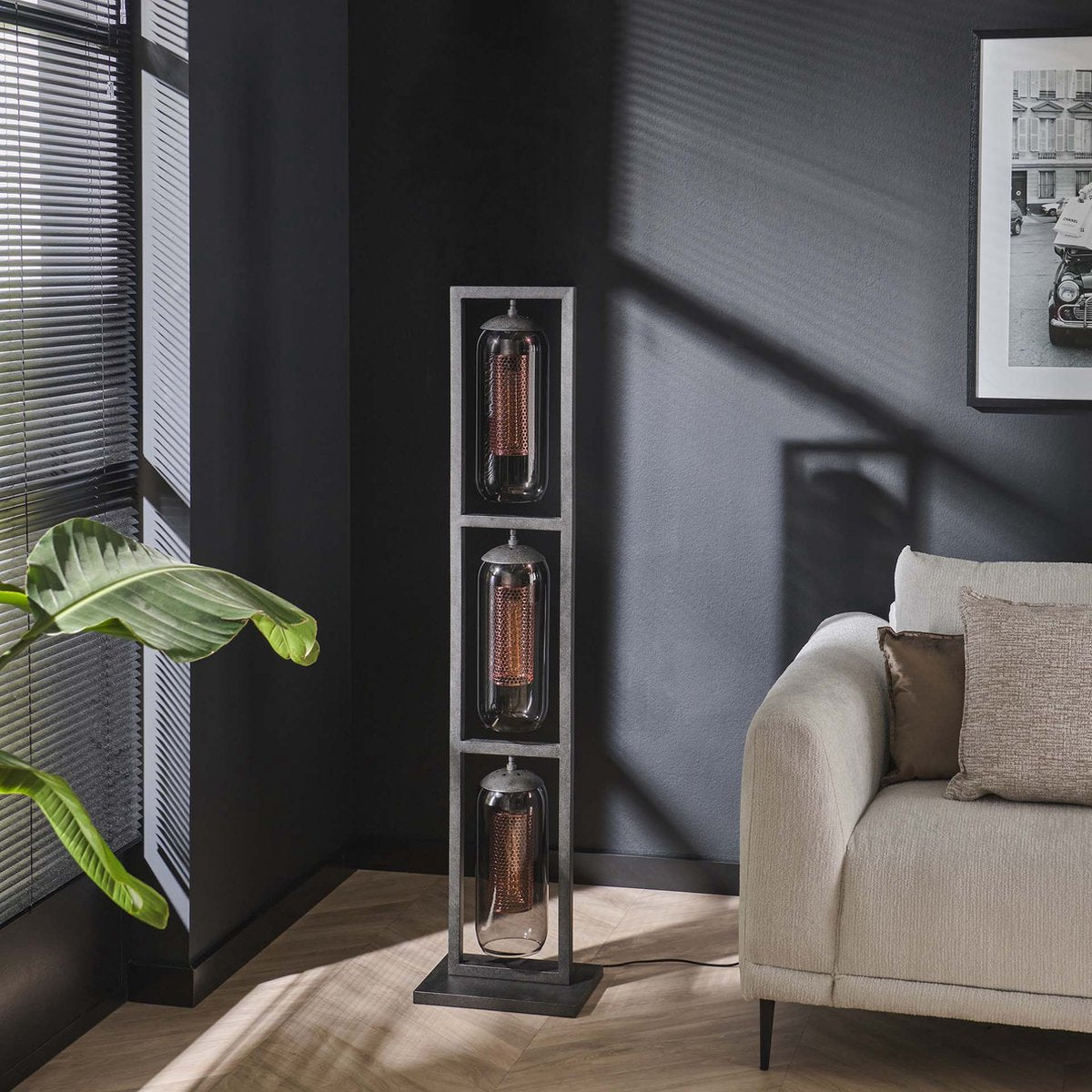 Design vloerlamp tower | 3-lichts | smoke glas-geperforeerd staal | Artic zwart | 32x23x158 cm | modern / industrieel | woonkamer / kantoor