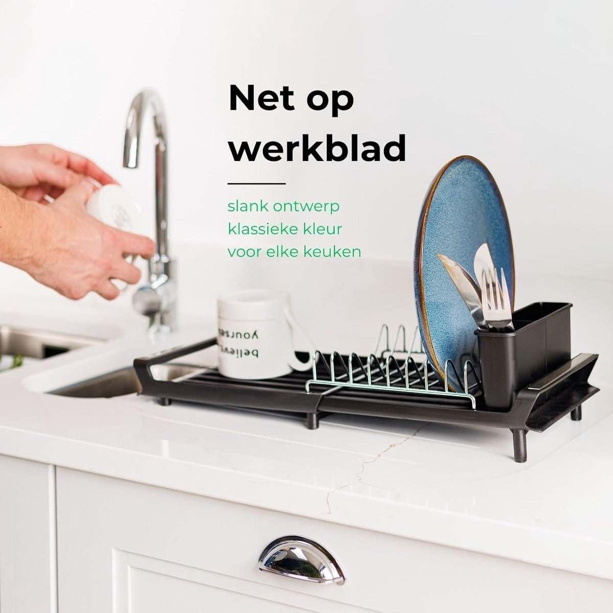 Compact Uitschuifbaar Afdruiprek Zwart - Klein Afwasrek met Lekbak - Gootsteen Verstelbaar Afwasrek - Bestekhouder - Antislip Voetjes - Roestvrij - 28/47 x 20cm Afdruiprek met Lekbak Inklapbaar