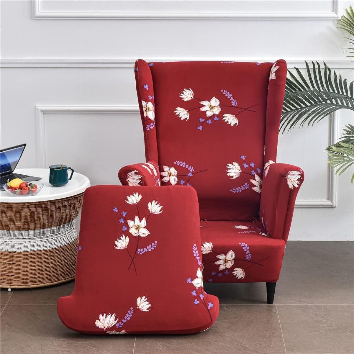 Wingback Chair Covers 2-piece with Ottoman Cover - Stretch Washable Slipcover - Spandex Furniture Protector for Armchair Chairs - Bedroom Hotel (Red Flower)