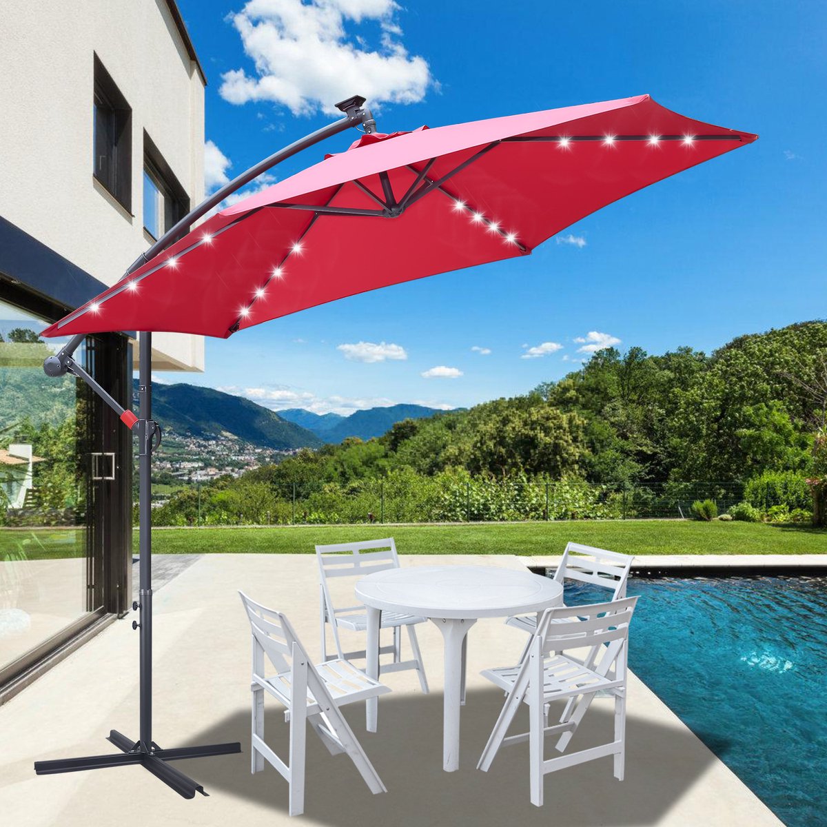 Zweefparasol - Strandparasols - Balkonparasols - Solar LED parasol Waterdicht - Parasol - Parasols - Ø 350cm - 3.5m - Tuinparasol - Zonne-energie - Rood - Draai- en Kantelbaar - 360° draaibaar - Duurzame Zweefparasol - Met voet