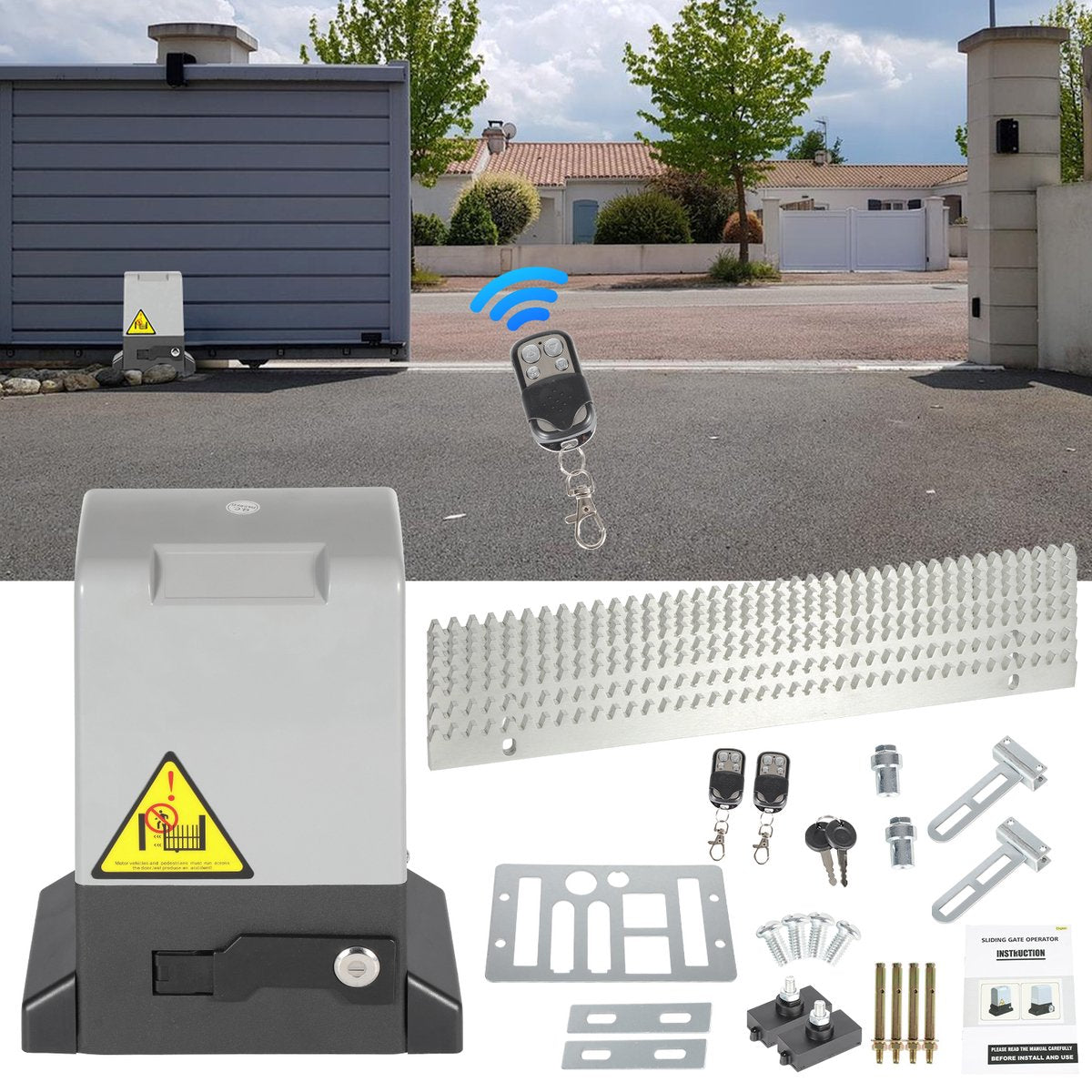 Schuifpoortopener 750W Poortautomatisering - Voor schuifpoorten tot 12 m en max. 1600kg 2 afstandsbedieningen 8 x tandheugels (elk 50 cm) 2x infraroodsensoren - Grijze aandrijving Met afstandsbediening + sleutel
