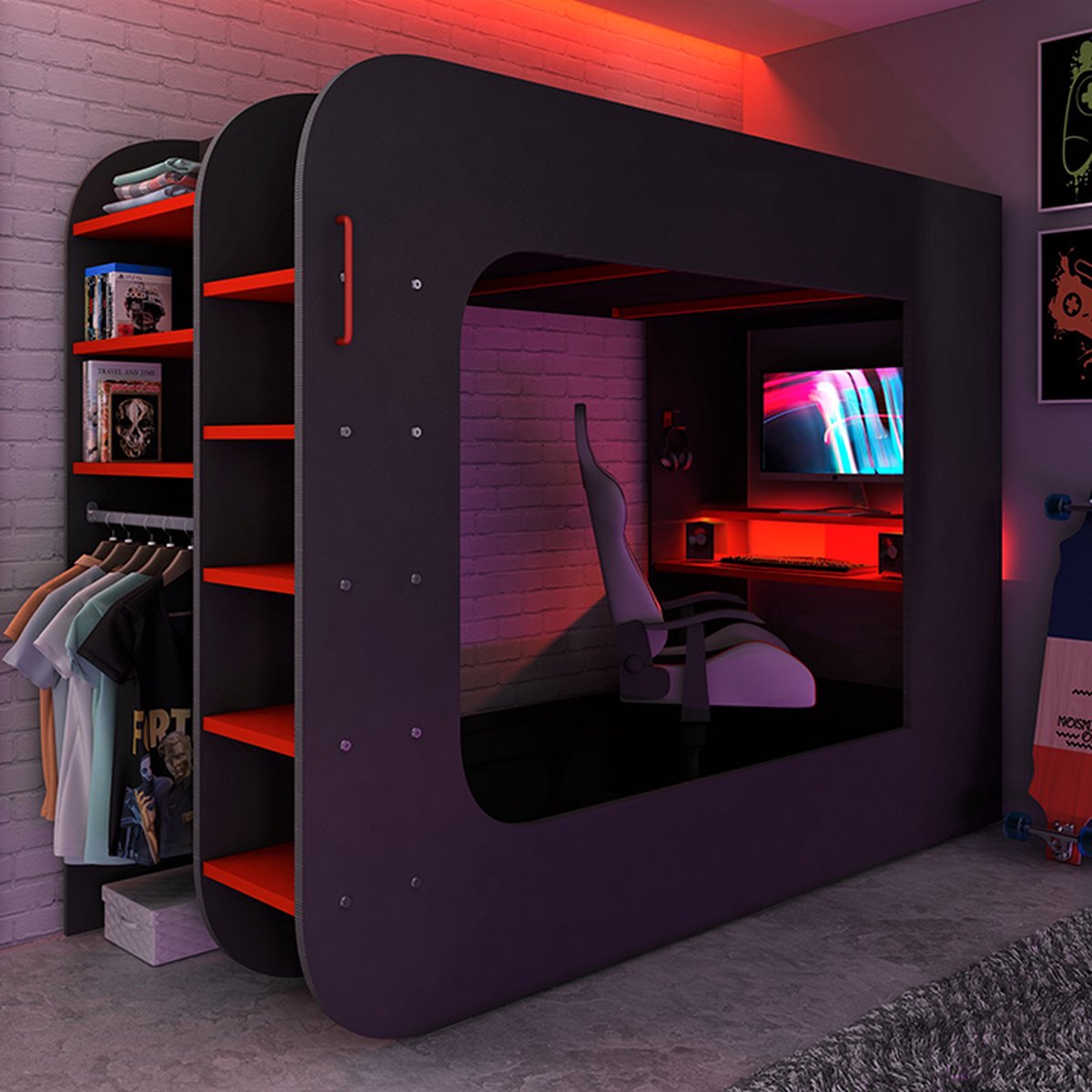 Hoogslaper 90 x 200 cm - Met gamingbureau en opbergruimte - LED's - Antraciet & rood - WARRIOR B 238.1 cm x H 183.6 cm x D 97.6 cm