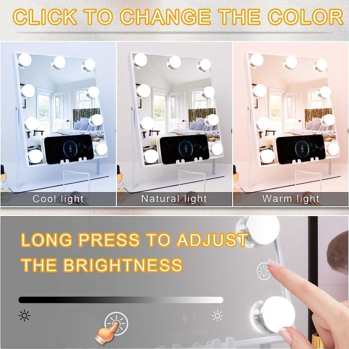 Make-up Spiegel Verlicht Draadloos Oplaadstation - Hollywood Cosmetische Make-upspiegel Met Licht - Dimbaar - 360 Graden Draaibaar - 9 LED Lampen - Wit - 25x30 cm