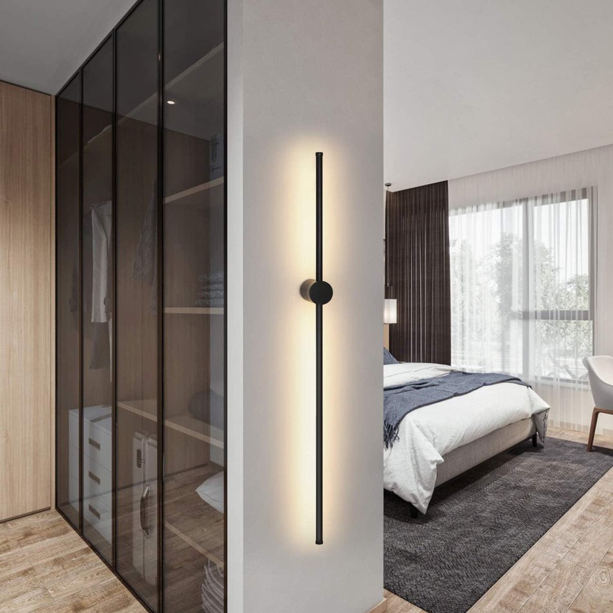 Black Wall Lamp 100CM - Long Rotatable Indoor Wall Lamp Warm White 3000K - Minimalist Night Light 8W for Bedroom Living Room Hall Office - LED Bed Lamp