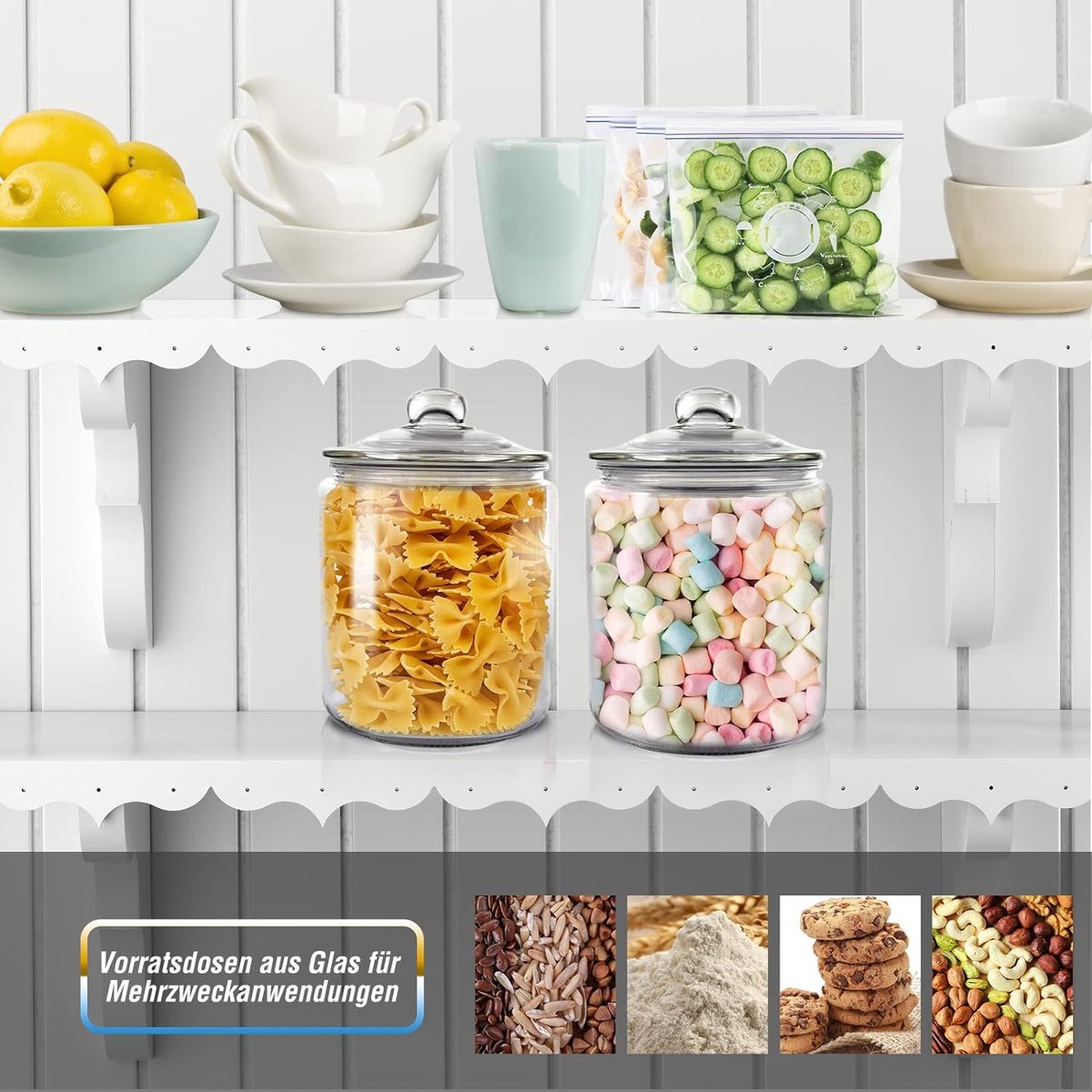Storage jars with lid, 2-piece set, 3.9 litres, airtight glass container, large, transparent, storage jar, glass cookie jar, kitchen, storage boxes for sweets, flour, nuts, with 15