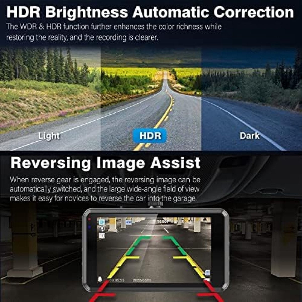 2.5K Dashcam voor in de auto, voor en achter, 64GB SD-kaart, 1600P + 1080p FHD Dual Dashcam, 3,2 inch IPS-scherm, autocamera, 176° + 160° groothoek, G-sensor, nachtzicht, WDR