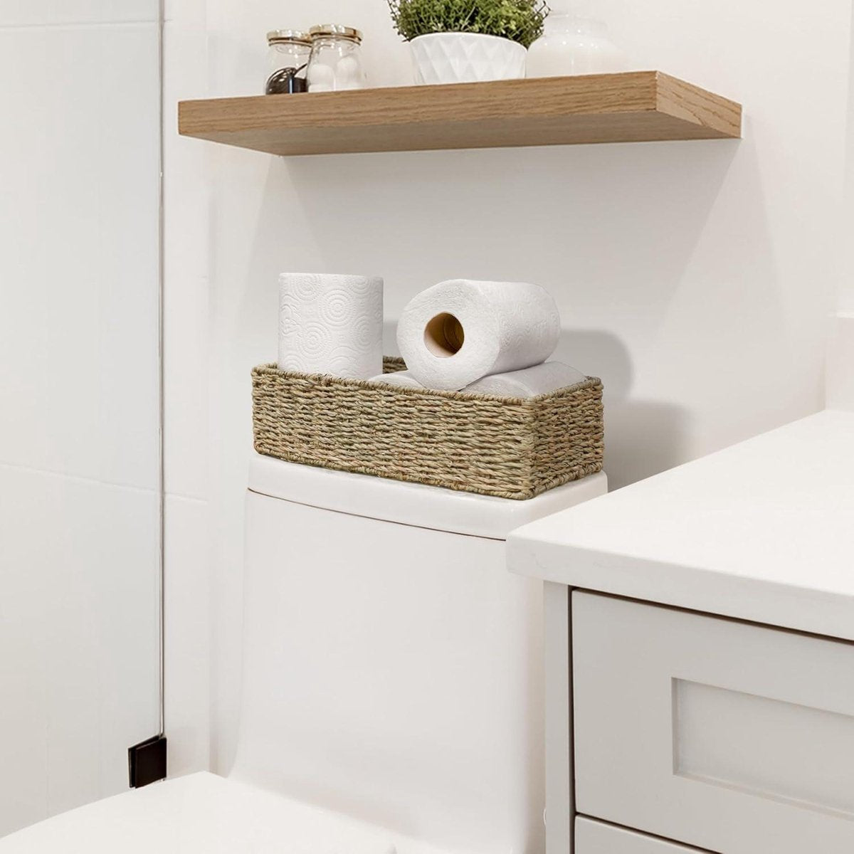Seagrass Storage Baskets - Long Narrow Rectangular Woven Baskets for Bedroom Living Room Bathroom Shelves - Set of 2