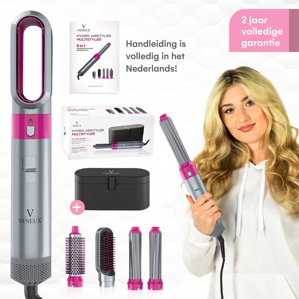 VENEUX® Föhnborstel - Airstyler - Krulborstel - Krultangen - 5 in 1 Multistyler - Met Opbergcase - Grijs
