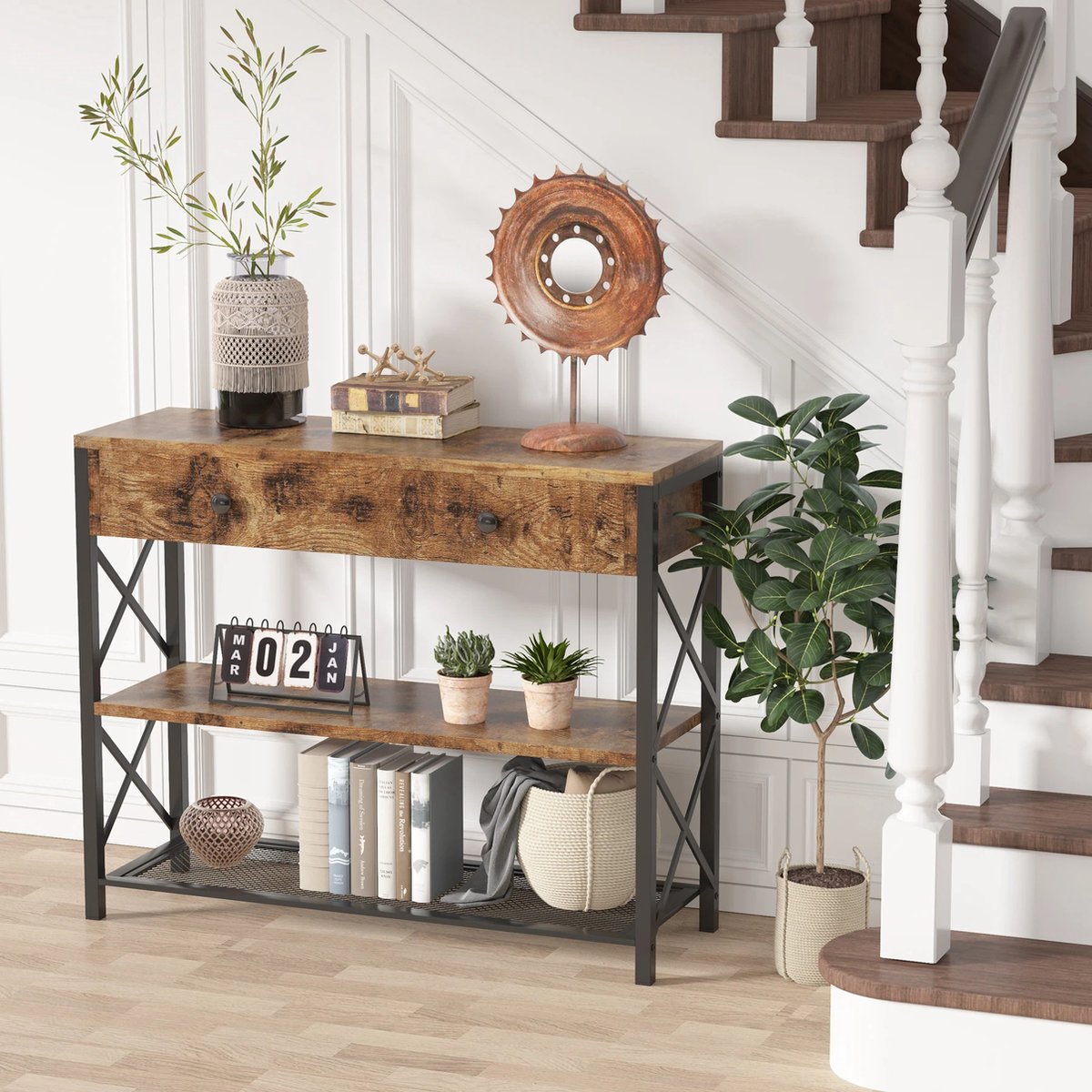 Sidetable - Salontafel - Bijzettafel - Bank Tafeltje - Koffietafel - Rechthoek - Industrieel - Zwart/bruin