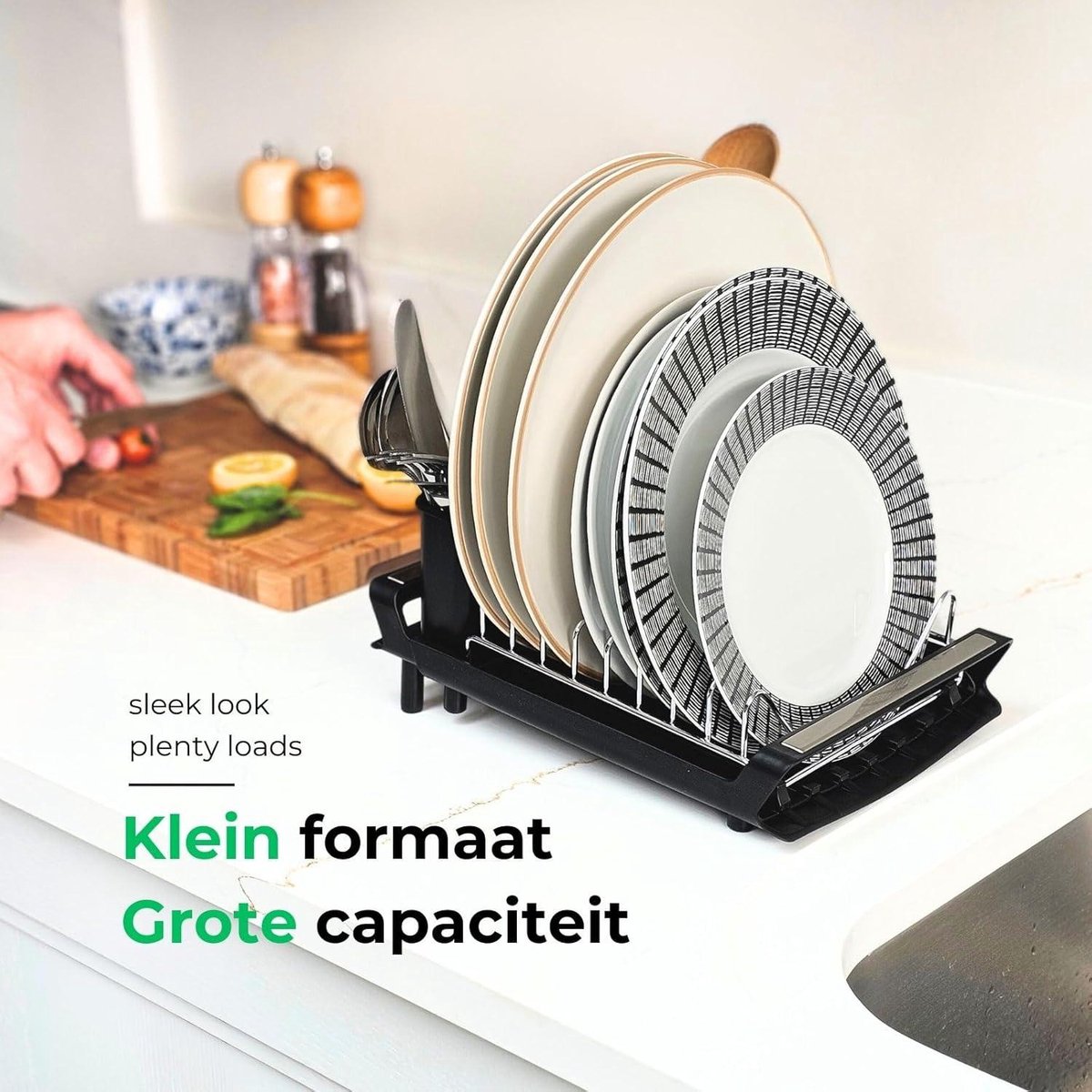 Compact Uitschuifbaar Afdruiprek Zwart - Klein Afwasrek met Lekbak - Gootsteen Verstelbaar Afwasrek - Bestekhouder - Antislip Voetjes - Roestvrij - 28/47 x 20cm Afdruiprek met Lekbak Inklapbaar