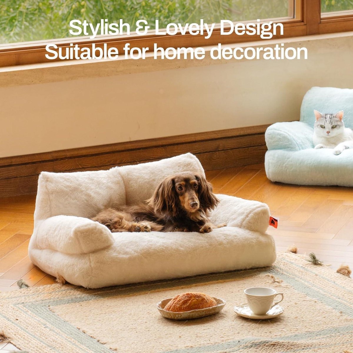 Cat Bed Stylish Fluffy Soft Cat Sofa Dog Sofa - 66 x 48 cm Cute Anti-Slip Bottom White