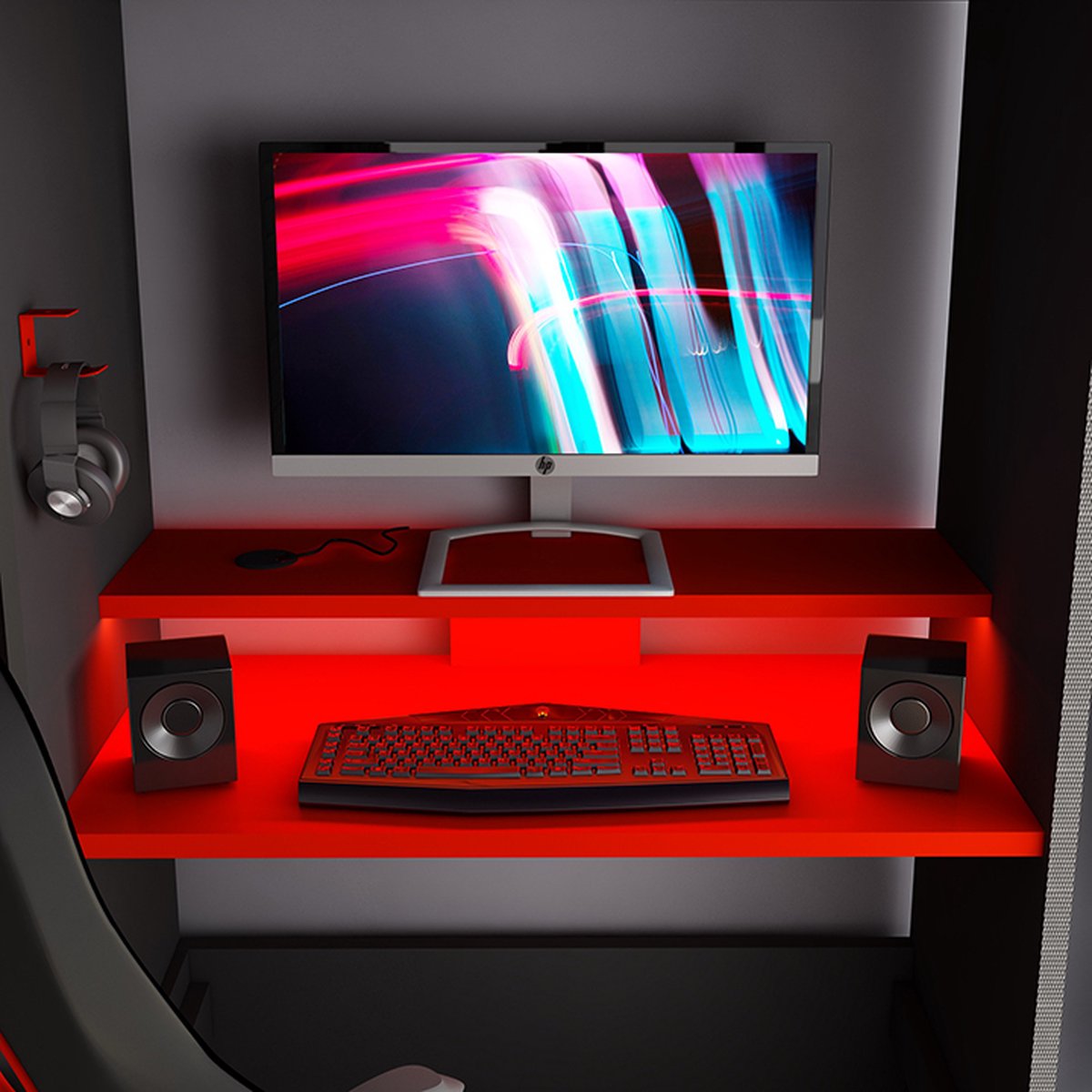 Hoogslaper 90 x 200 cm - Met gamingbureau en opbergruimte - LED's - Antraciet & rood - WARRIOR B 238.1 cm x H 183.6 cm x D 97.6 cm