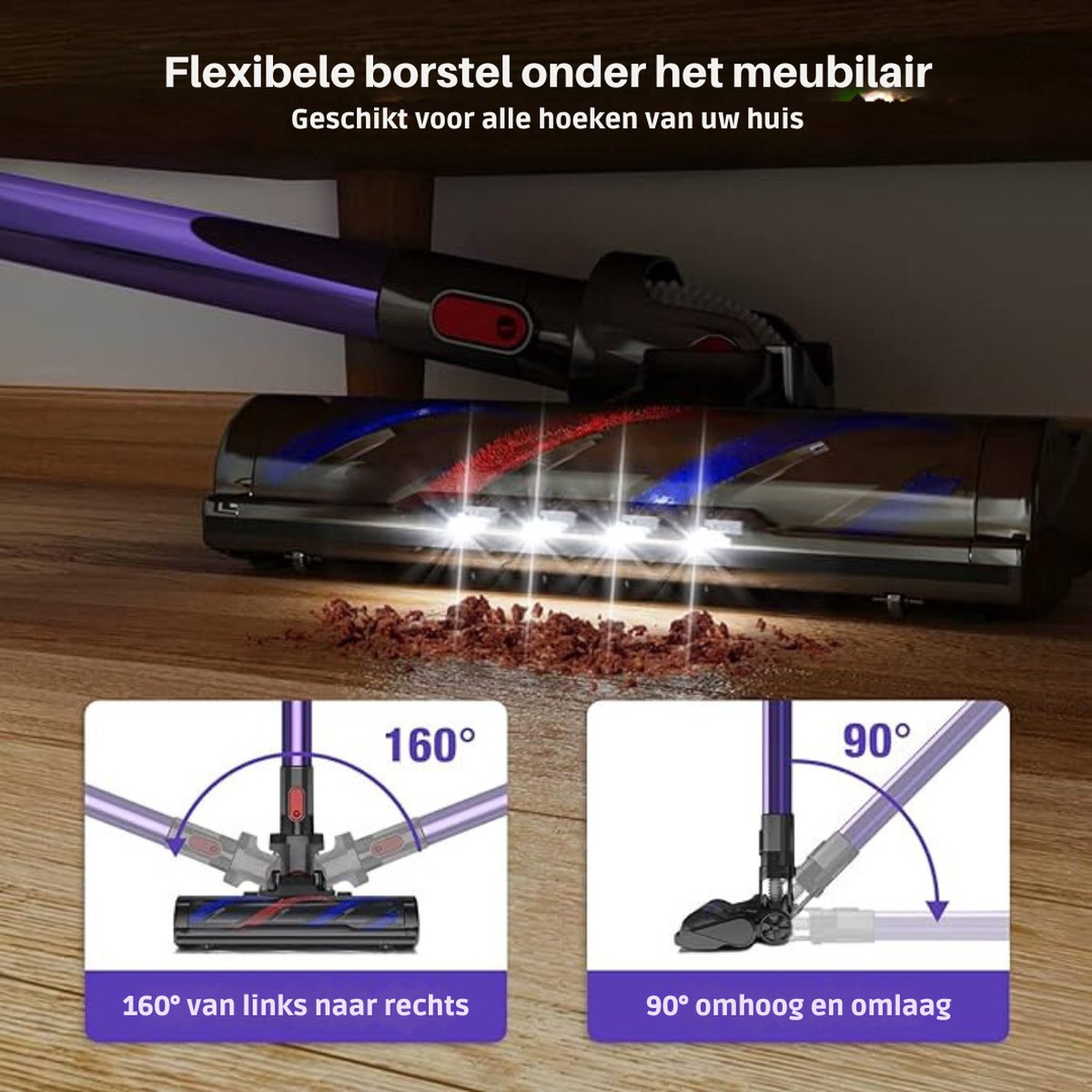 Krachtige Draadloze Steelstofzuiger - Snoerloze Steelstofzuiger - Zakloze Steelstofzuiger op Accu - Draadloze Steelstofzuiger met Kruimeldief - 33 KPA Zuigkracht - Lichtgewicht