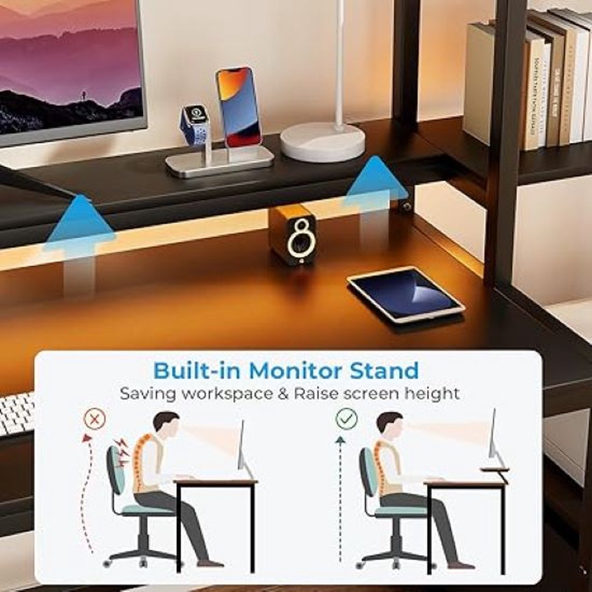 SHOP YOLO-game bureau-met Lade en Printer Plank-150 cm Omkeerbaar Computerbureau met LED-verlichting-Monitorstandaard en Haken Voor Computerwerkstation-Zwart