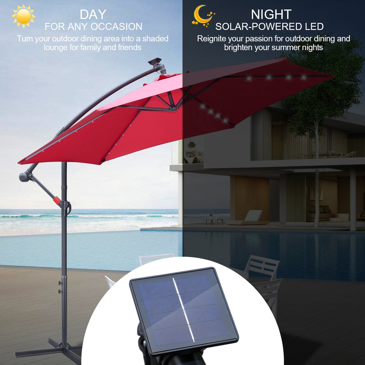 Zweefparasol - Strandparasols - Balkonparasols - Solar LED parasol Waterdicht - Parasol - Parasols - Ø 350cm - 3.5m - Tuinparasol - Zonne-energie - Rood - Draai- en Kantelbaar - 360° draaibaar - Duurzame Zweefparasol - Met voet