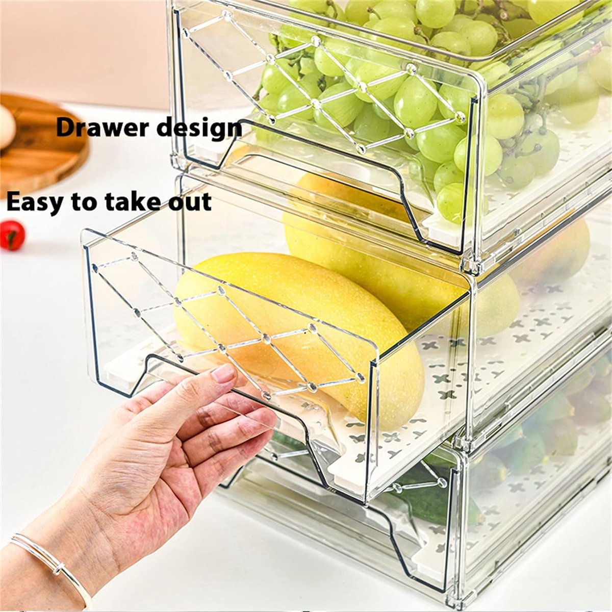 2 Medium Laden Koelkast Organizer Set, Keuken Koelkast & Kast Opslagbakken, transparante koelkast opbergdozen met handvatten voor Diepvriezers, Koelkast en Voorraadkast