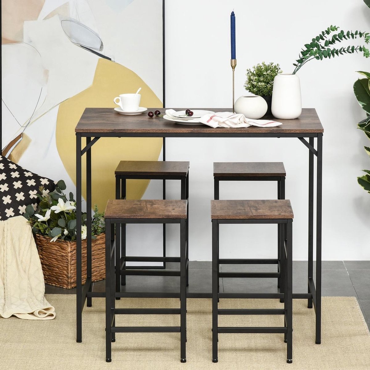 Bartafel met barstoelen - 4 barstoelen - Hoge tafel - Barkruk - Bartafel - Vintage - Industrieel