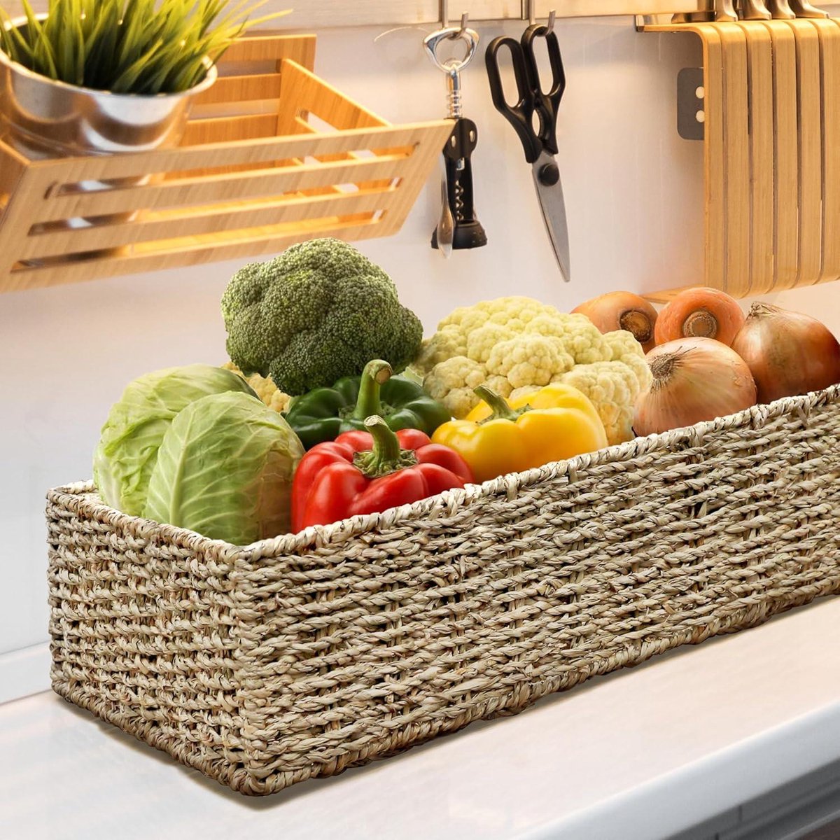 Seagrass Storage Baskets - Long Narrow Rectangular Woven Baskets for Bedroom Living Room Bathroom Shelves - Set of 2
