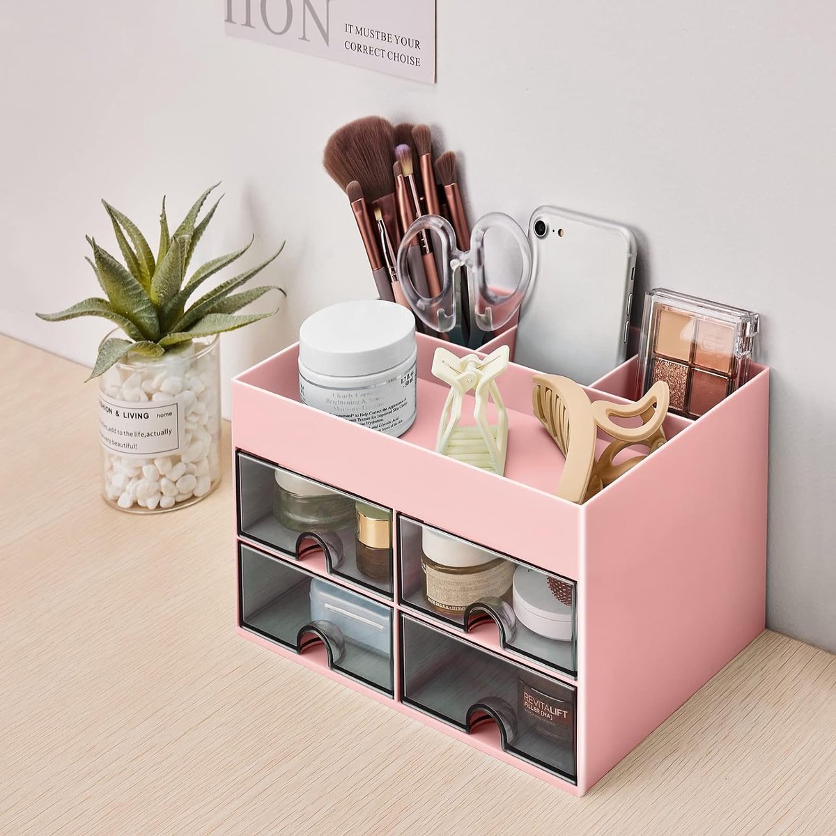 21 cm Bureau-organizer Penhouder voor op het bureau met lade Multifunctionele bureau-organizer Netjes opbergen van kantoorartikelen voor school, thuis en kantoor Roze