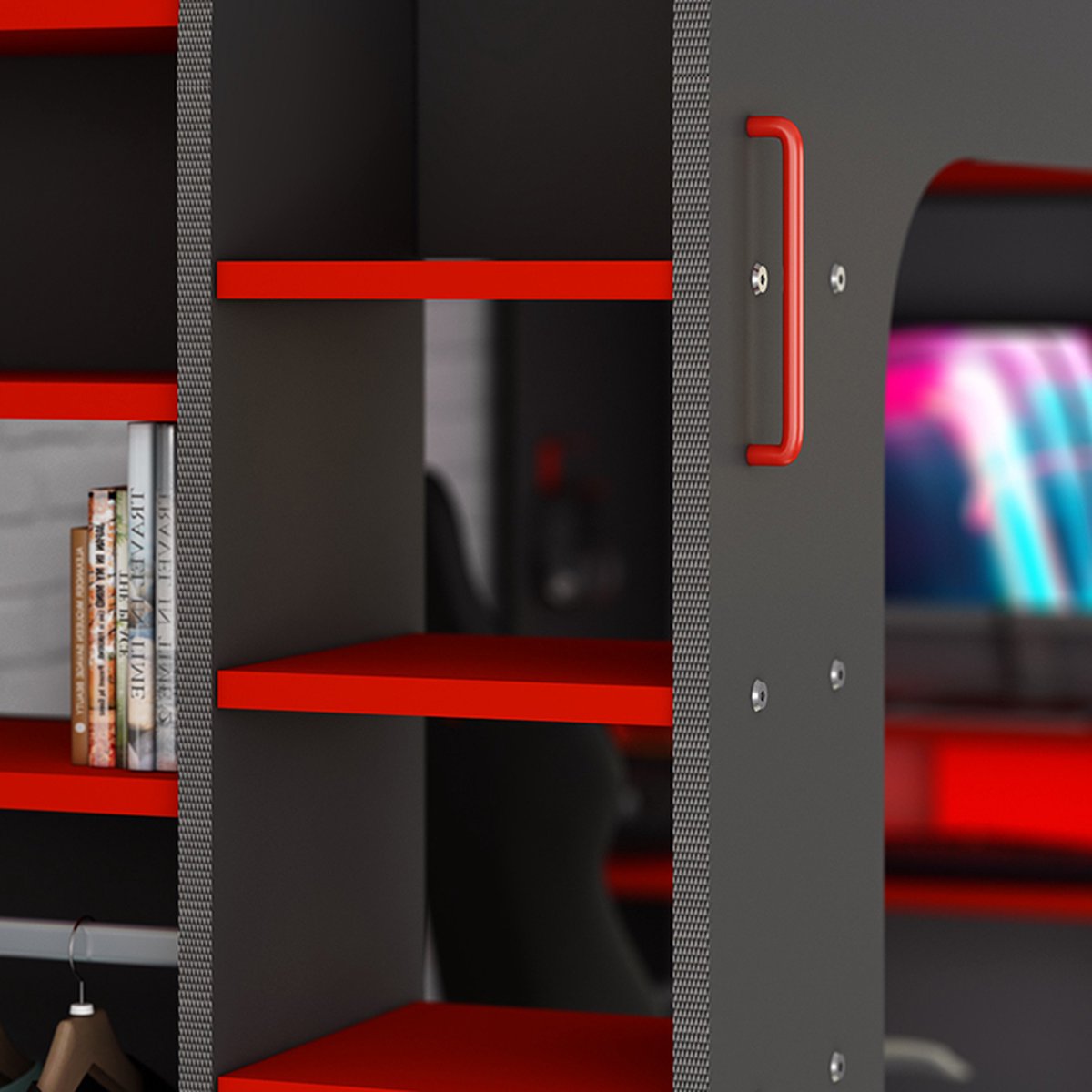 Hoogslaper 90 x 200 cm - Met gamingbureau en opbergruimte - LED's - Antraciet & rood - WARRIOR B 238.1 cm x H 183.6 cm x D 97.6 cm