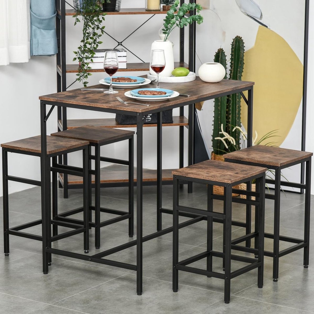 Bartafel met barstoelen - 4 barstoelen - Hoge tafel - Barkruk - Bartafel - Vintage - Industrieel