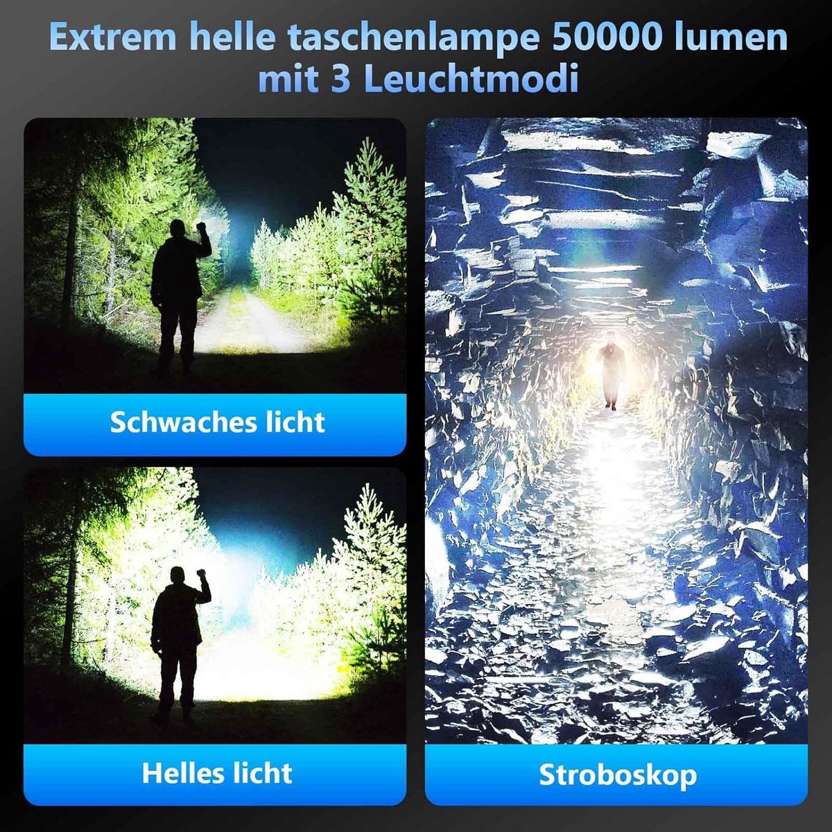 200000 Lumen Oplaadbare LED Zaklamp - Super Helder - Tactische Zaklamp - 3 Verlichtingsmodi - 10800 mAh Oplaadbare Batterij