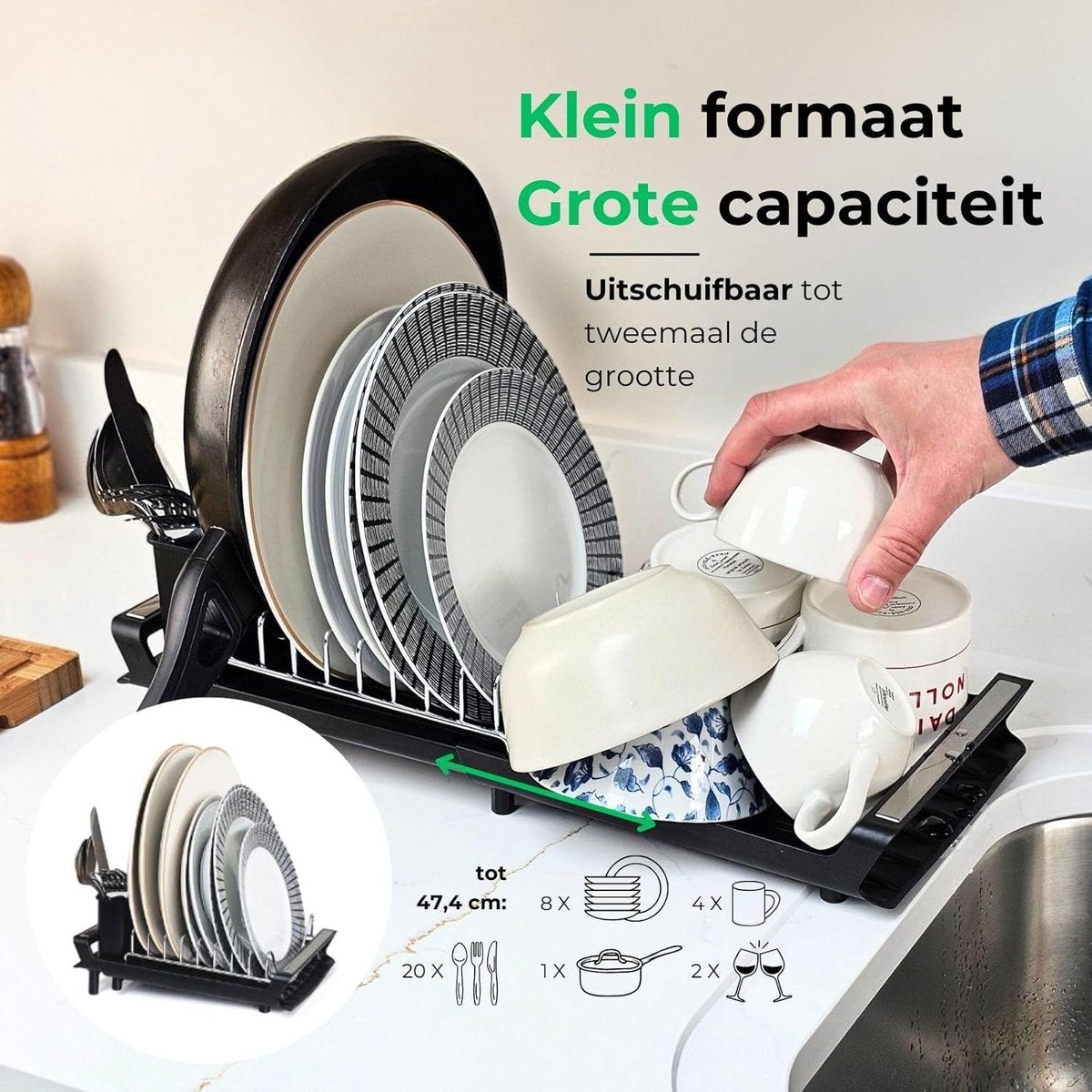 Compact Uitschuifbaar Afdruiprek Zwart - Klein Afwasrek met Lekbak - Gootsteen Verstelbaar Afwasrek - Bestekhouder - Antislip Voetjes - Roestvrij - 28/47 x 20cm Afdruiprek met Lekbak Inklapbaar