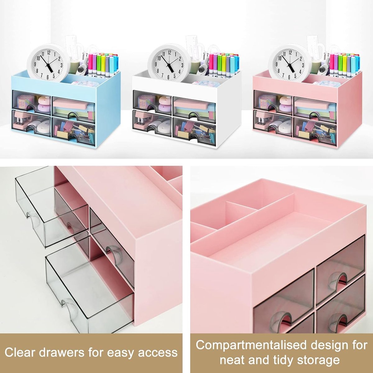 21 cm Bureau-organizer Penhouder voor op het bureau met lade Multifunctionele bureau-organizer Netjes opbergen van kantoorartikelen voor school, thuis en kantoor Roze