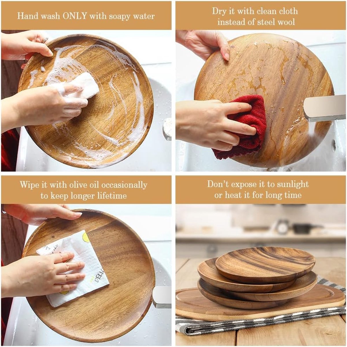 Acaciahouten eetborden, 20 cm ronde houten borden in set van 4, eenvoudig te reinigen en lichtgewicht voor gerechten, snacks, desserts, klassieke borden - voor Kerstmis