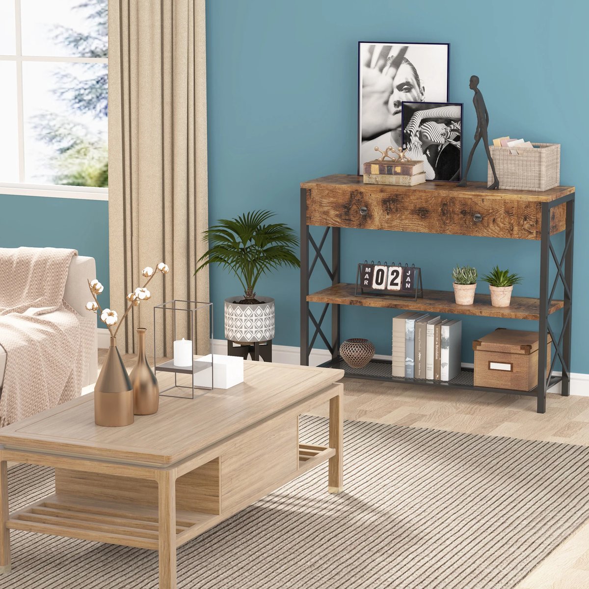Sidetable - Salontafel - Bijzettafel - Bank Tafeltje - Koffietafel - Rechthoek - Industrieel - Zwart/bruin