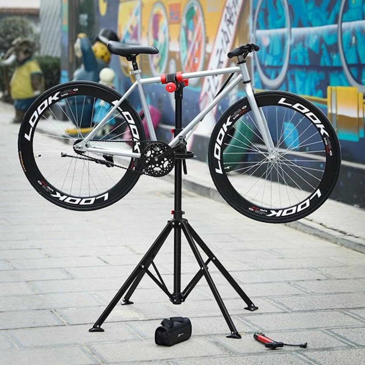 Decopatent® Sterke Montagestandaard Fiets - 360° Draaibaar - Verstelbaar + Gereedschapsbakje - Fiets Montage reparatie standaard