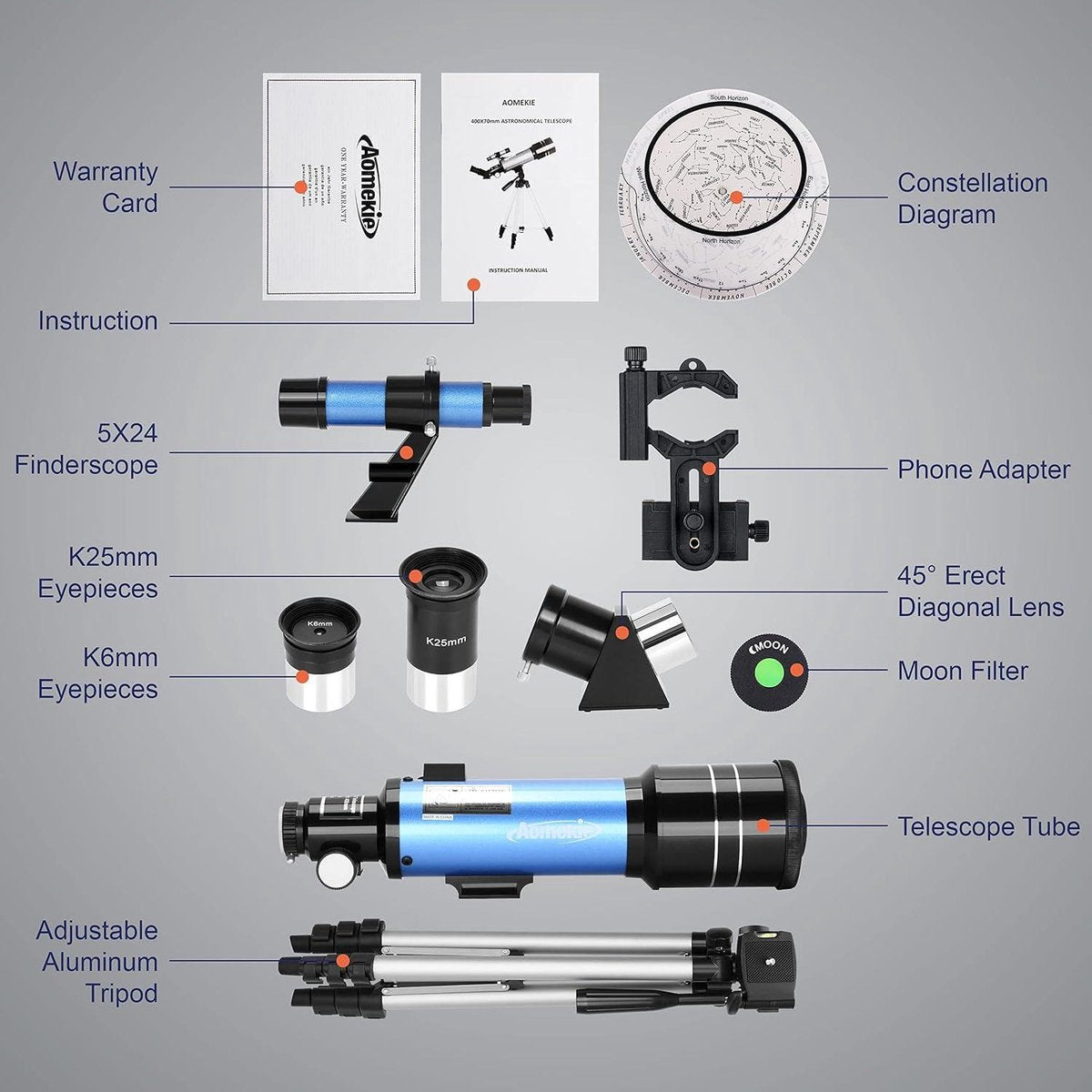 Telescopische Astronomie 70/400 telescoop voor beginners en kinderen - inclusief statief, smartphone-adapter en maanfilter